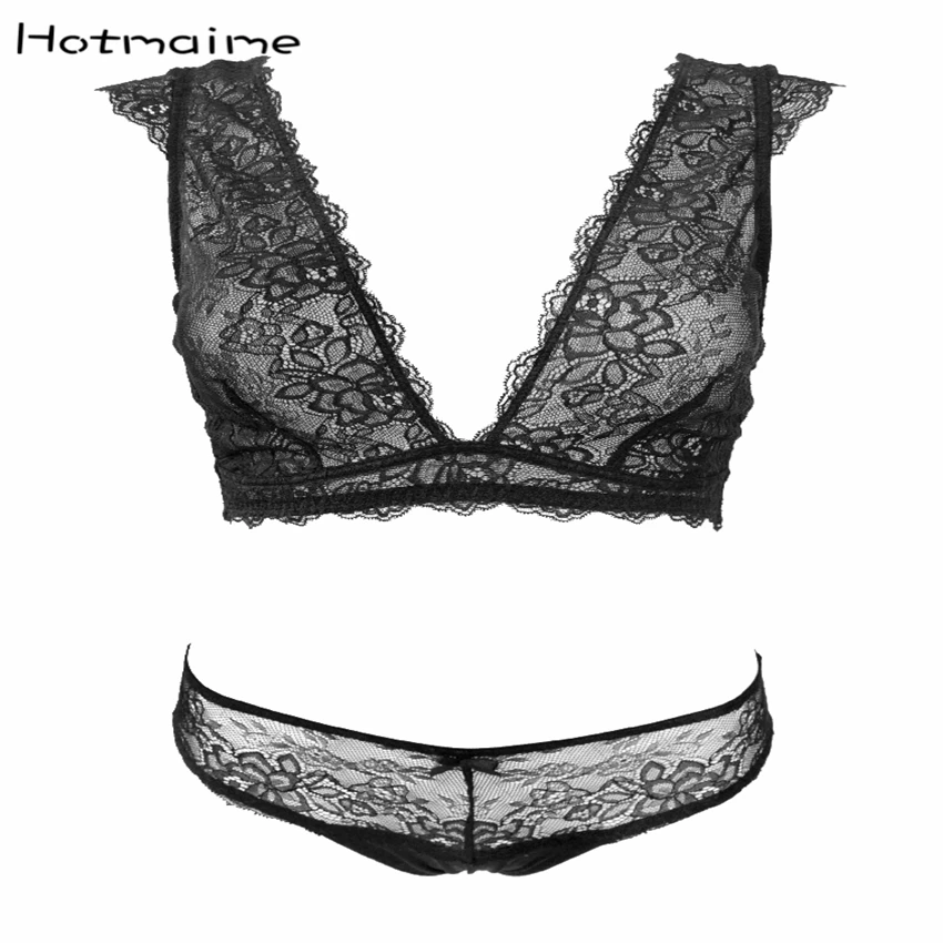 TOP Fashion sexy transparent cup bra set black white underwear wireless