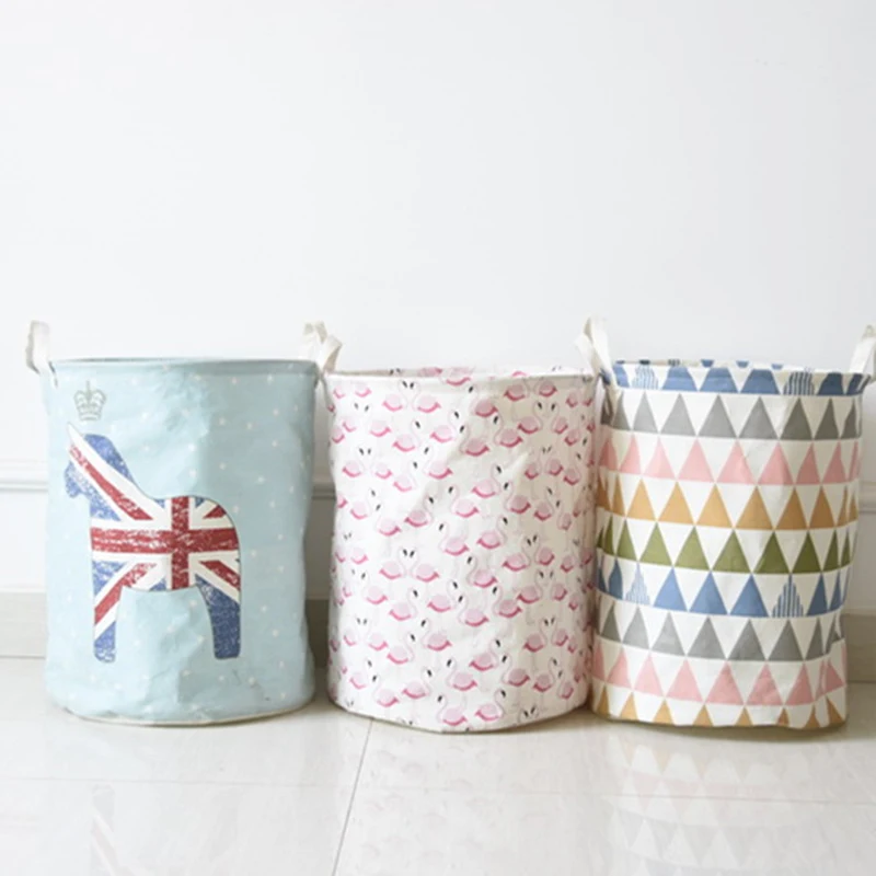 

New Pattern Cotton Linen Multi-function Handle Stackable Storage Barrel Laundry Basket Flamingo Toy Clothes Storage Box