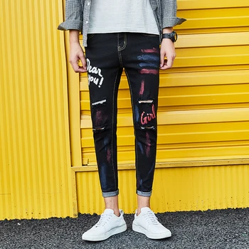 

New Skinny Jeans Men's Self-cultivation Letter Graffiti Pencil Pants Men's Cotton Elastic Fashion Denim Ankle-Length Pants