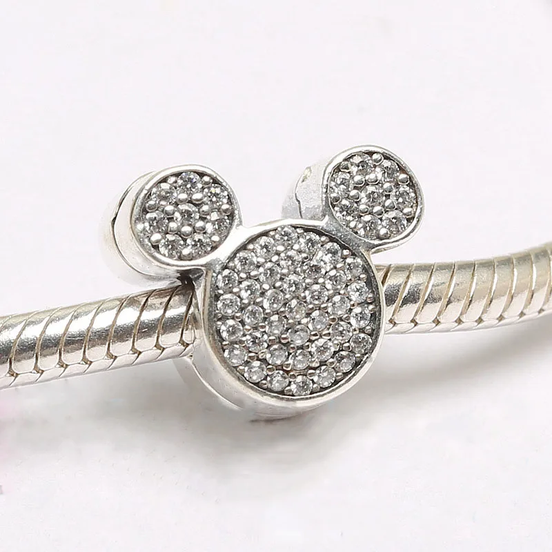 Fits pandora Bracelet Mickey clip silver beads clear zircon charms 100% 925 sterling silver jewelry 2016 Christmas gift DIY