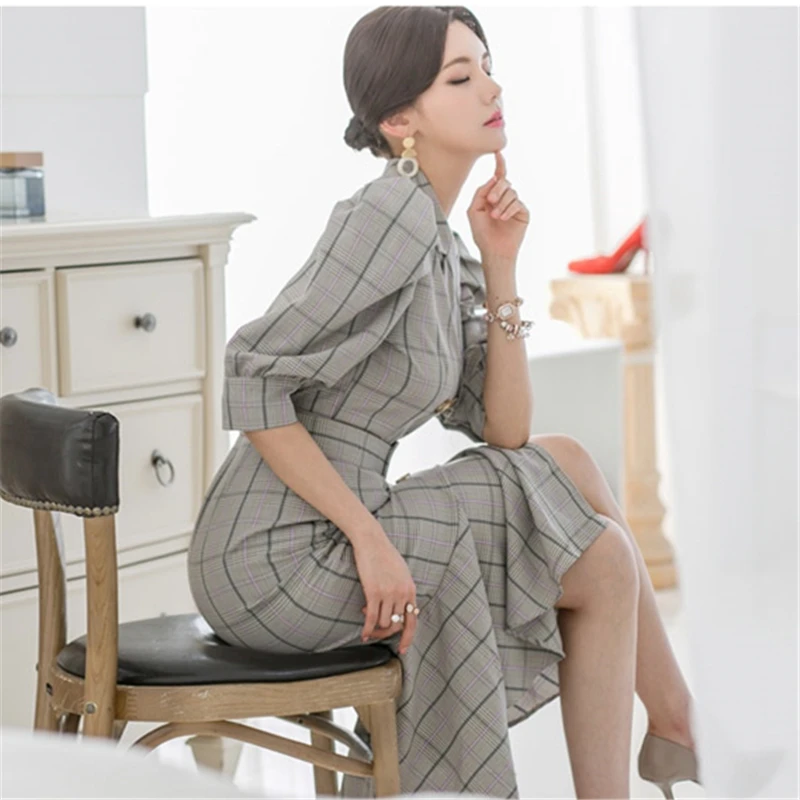 

DRESS Summer new Korean version of the long double-breasted suit collar plaid fishtail Vestidos