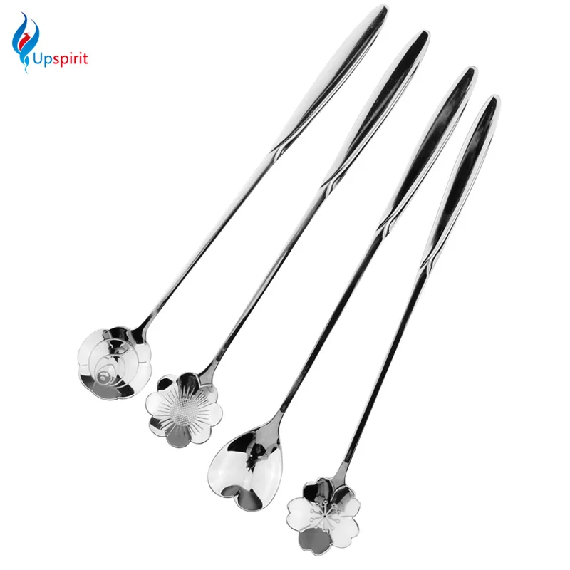 

4pcs/set Long Handle Flowers Shaped Stirring Spoon Stainless Steel Flatware Ice Tea Dessert Spoon Dinnerware Kitchen Accessories