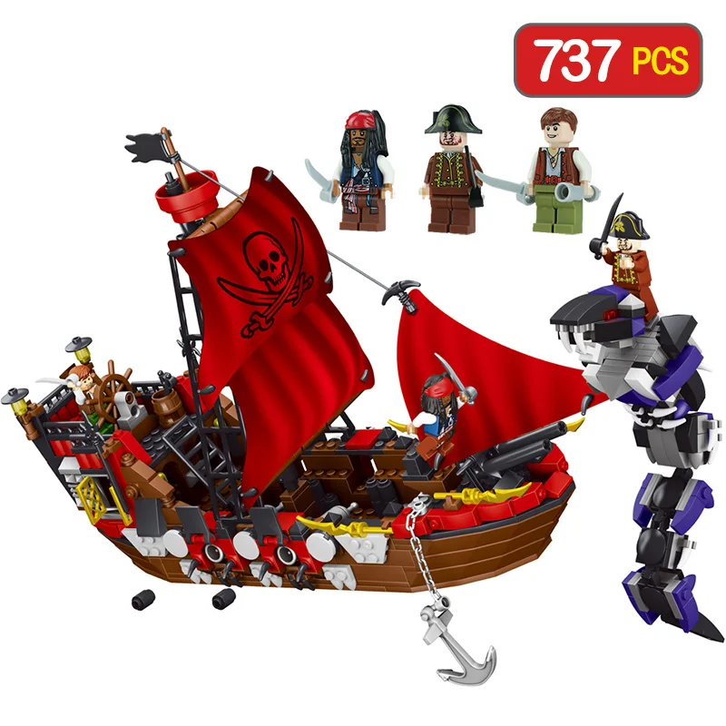 

Red Pirate Ship Blocks Compatible LegoINGLY War Pirate King Character Action Diy Bricks Cannon Building Blocks Toys For Children
