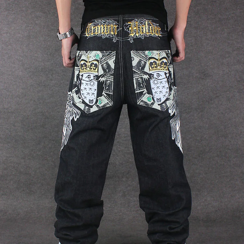 

Tide Mens Loose Personality Embroidery Hip-hop Baggy Jeans Flower Wings Streetwear Straight Skateboard Pants Black