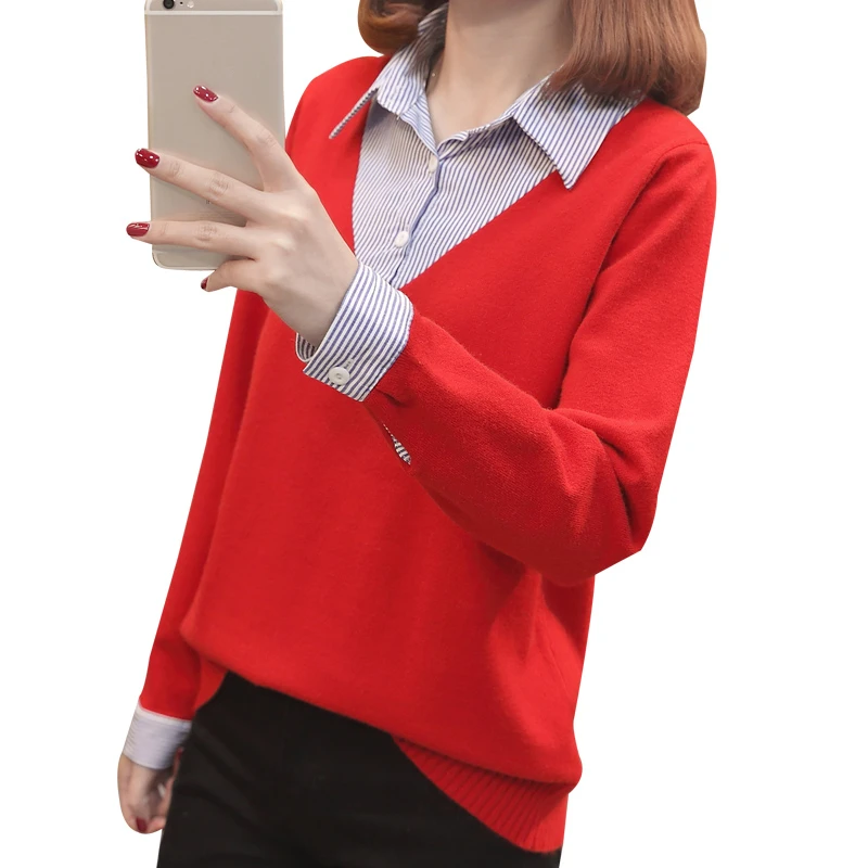 Autumn Winter Fashion Women Shirt Neck Sweater Ladies Jumper Knitting Long Sleeve Pullover Stitching Casual Short Female | Женская