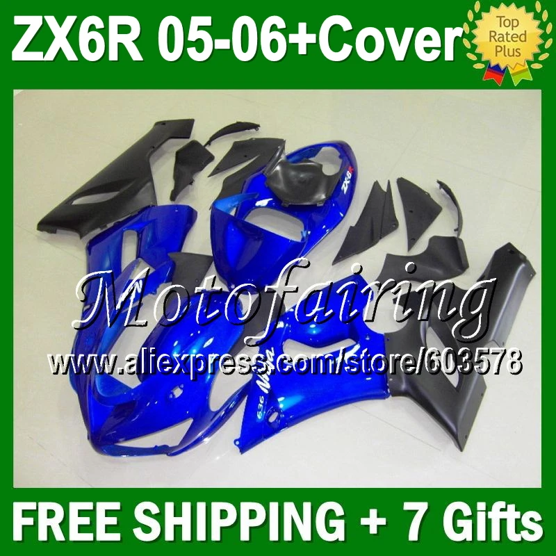 

7gifts+Tank Cover For KAWASAKI NINJA ZX6R 05-06 JM983 ZX-6R ZX 6R glossy blue 636 ZX636 05 06 2005 2006 blue black Fairing