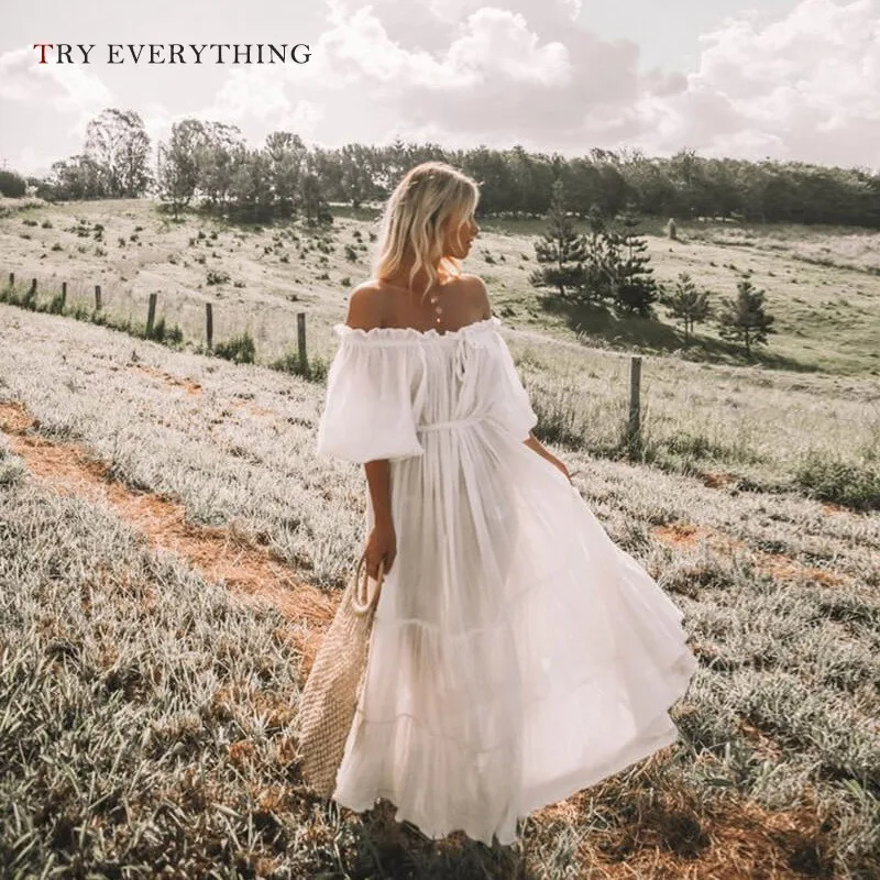 

Women White Dress Summer 2019 Ruffles Maxi Beach Boho Dress Sexy Ladies Off Shoulder A Line Holiday Long Dresses For Women