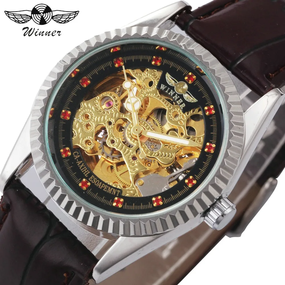 Победитель Для женщин ретро Скелет Авто механические часы кожаный ремешок золотой красный камень украшения Лидирующий бренд роскошные