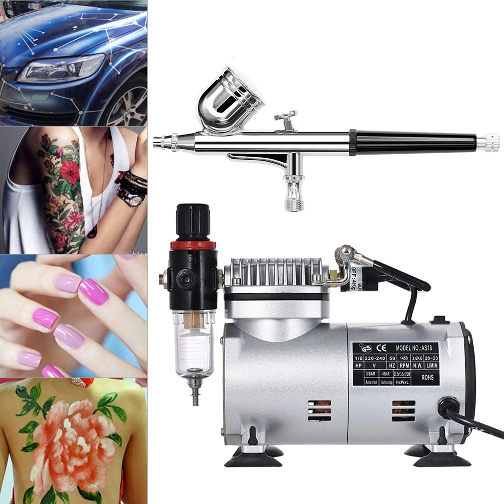 

Nasedal NT-06 Airbrush Compressor Kit Dual-action Gravity Feed Airbrush 0.3mm Nozzle for Model Tattoo Makeup Cake Body Art