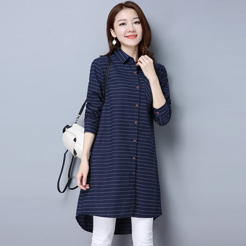 

#2919 Long Shirts For Women Casual Slim Long Sleeve Stripe Tunic Shirt Ladies Elegant Office Tunic Shirt Korean Style Blue Black