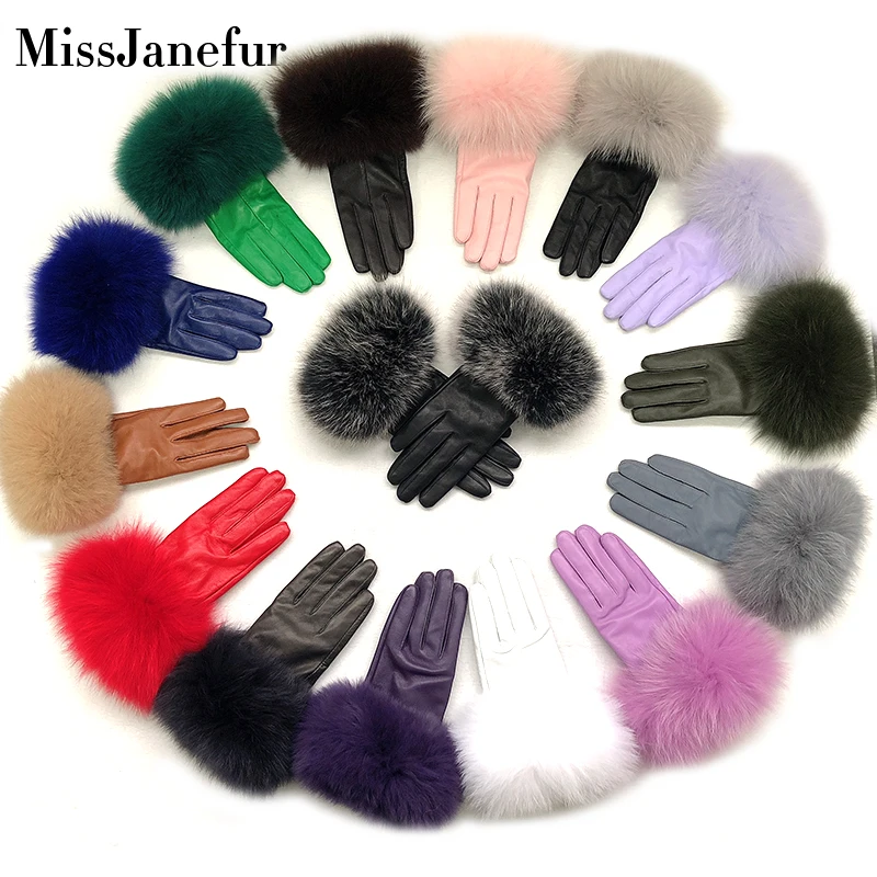 Women Finger Gloves  Raccoon Fur Cuff Sheep Leather Gloves Thicken Winter Keep Warm Female Fur Elegant Gloves Hand Gloves