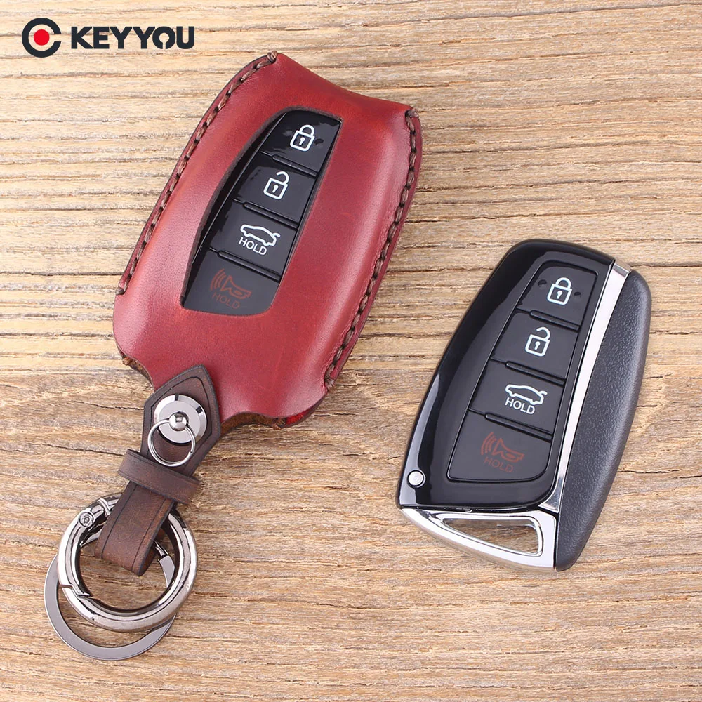 

KEYYOU Key Shell Car Key Case Fob 4 Buttons Genuine Leather For Hyundai Genesis Santa Fe Equus Azera Solaris Ix35 Ix45 Accent