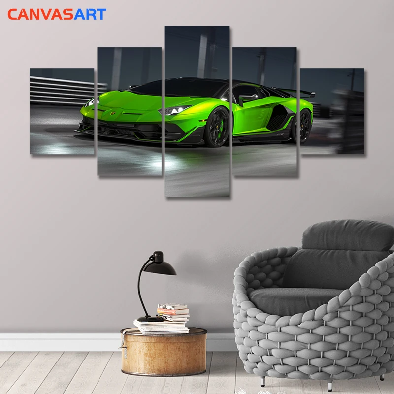 Картина на холсте 5 шт. зеленые настенные картины Lamborghini для гостиной плакаты