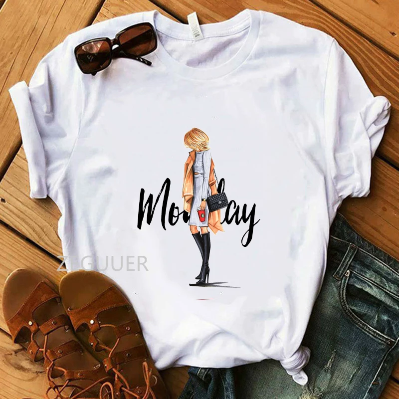 

Super Soft Tops Monday Coffee Girl Illustration T-shirt Summer Harajuku Casual Tees 100% Cotton White O-Neck Women T-Shirt