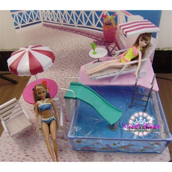 

Miniature Furniture Summer Resort for Barbie Doll House Pretend Play Swimming Pool Toys for Girl Free Shipping