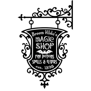 

Happy Halloween Broom Hildas Magic Shop Sign Living Room Vinyl Carving Wall Decal Sticker for Holiday Party Home Window Decor