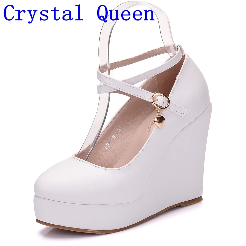 En Ligne Reine de cristal Blanc Plate Forme Compensée Chaussures Pompes Femmes Chaussures À Talons Hauts Plateforme Bout Rond Compensées Pompes Croix Cravate chaussures à Talons Compensés