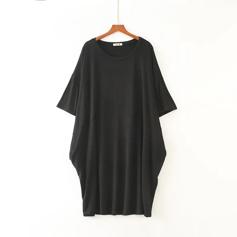 Однотонная женская одежда для сна, летняя Домашняя одежда больших размеров, ночная рубашка с коротким рукавом, свободная ночная рубашка с круглым вырезом из модала и хлопка - Цвет: Black