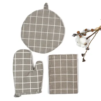 

CFen A's Simple Patterns Quality Table Napkin+Kitchen Glove+Potholder Hot Mat Dining Table Mat Set Of 3 Cotton Place Mat Cloth