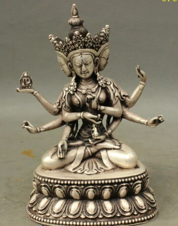 

[old craft ] 7" Tibet Silver Buddhist 3 Head 8 Arms Namgyalma & Ushnishavijaya Buddha Statue (A0314)