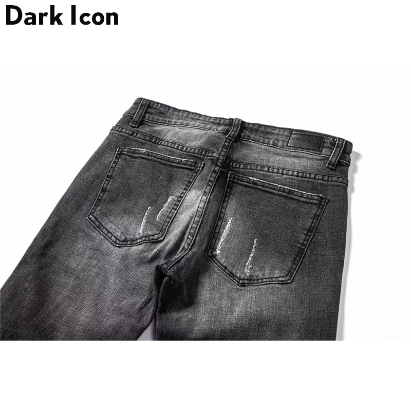 DARK ICON Pleated on Knee Men's Jeans High Street Motorcycle Denim Pants Men Full Length