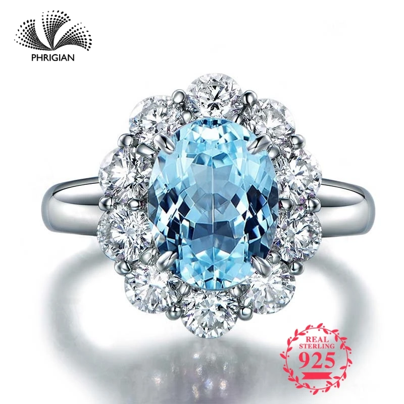 

NOT FAKE Fine Engraving Ring S925 Sterling silver Gemstone oval cut ring Women custom jewelry 925 carat Blue TOPAZ RING