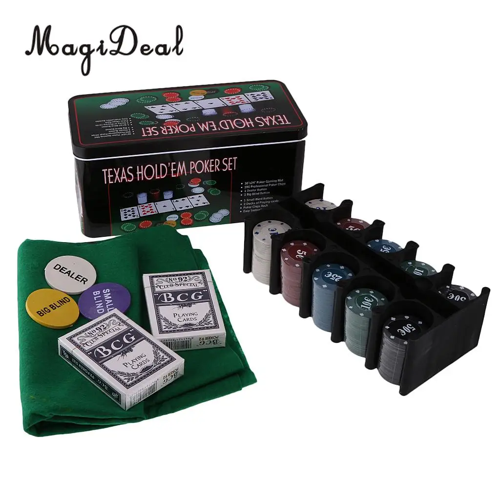 

Set for Texas Holdem With 200 Chips, 2 Decks of Poker Cards, 1 Gaming Mat, 1 Metal Storage Box for Pub Club Family Games Gift