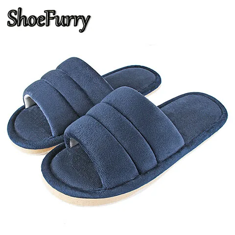 ShoeFurry/зимняя мужская повседневная обувь; домашние тапочки; мягкая плюшевая теплая хлопковая обувь; мужские домашние тапочки; Домашние меховые тапочки; большие размеры - Цвет: SZJ-STPM Navy Blue