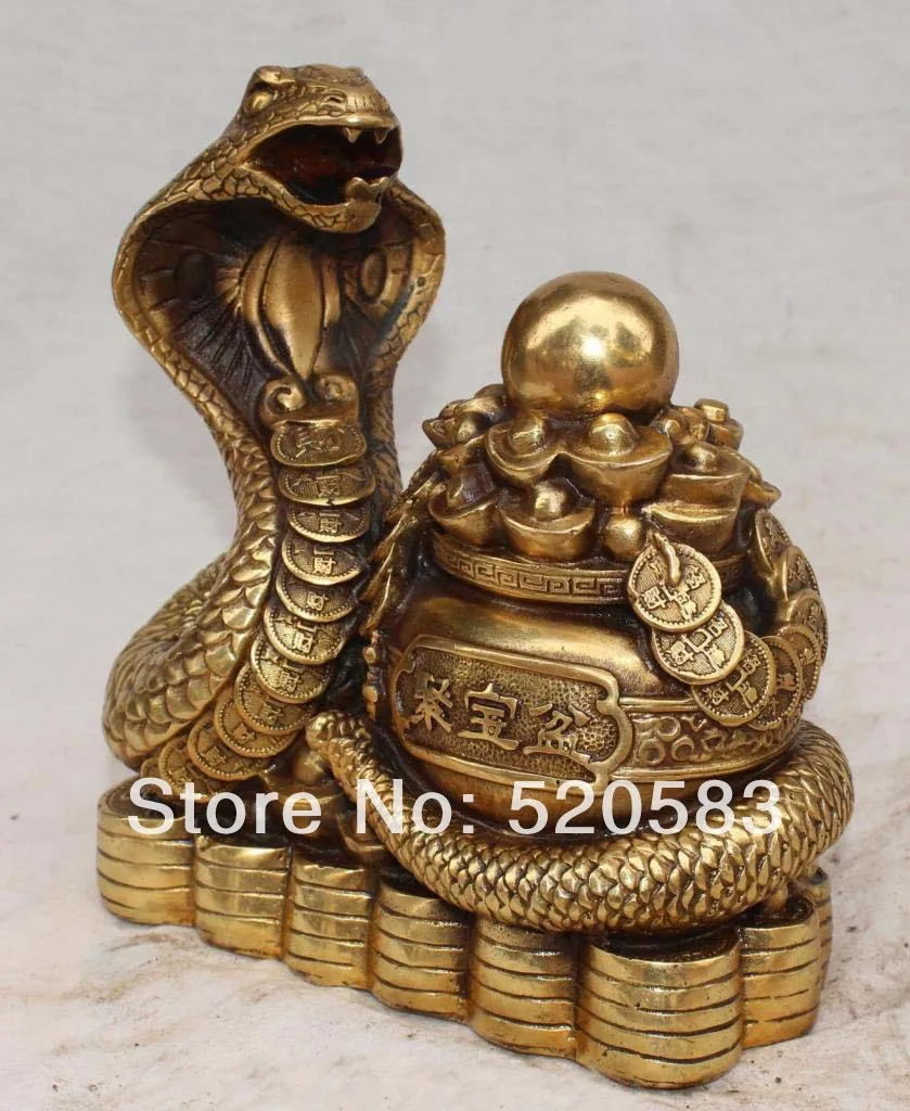 

8"Marked Chinese Bronze Wealth YuanBao Money Snake Animal Ju bao Pen Ball Statue