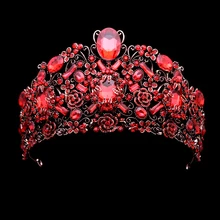 Avrupa lüks düğün saç aksesuarları Vintage büyük kraliçe Diadem kırmızı yapay elmas barok taç kristal gelin Tiaras gelin için