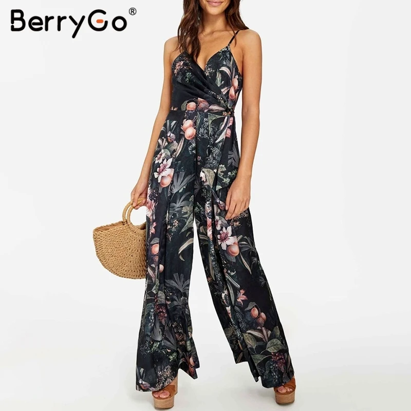 BerryGo Женский Длинный комбинезон богемный цветочный принт широкие ноги romperSexy v