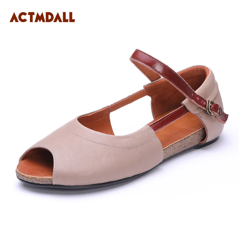 

2019 summer vintage leather flat sandals women fish mouth handmade shoes flat bottom shallow mouth casual shoes Actmdall