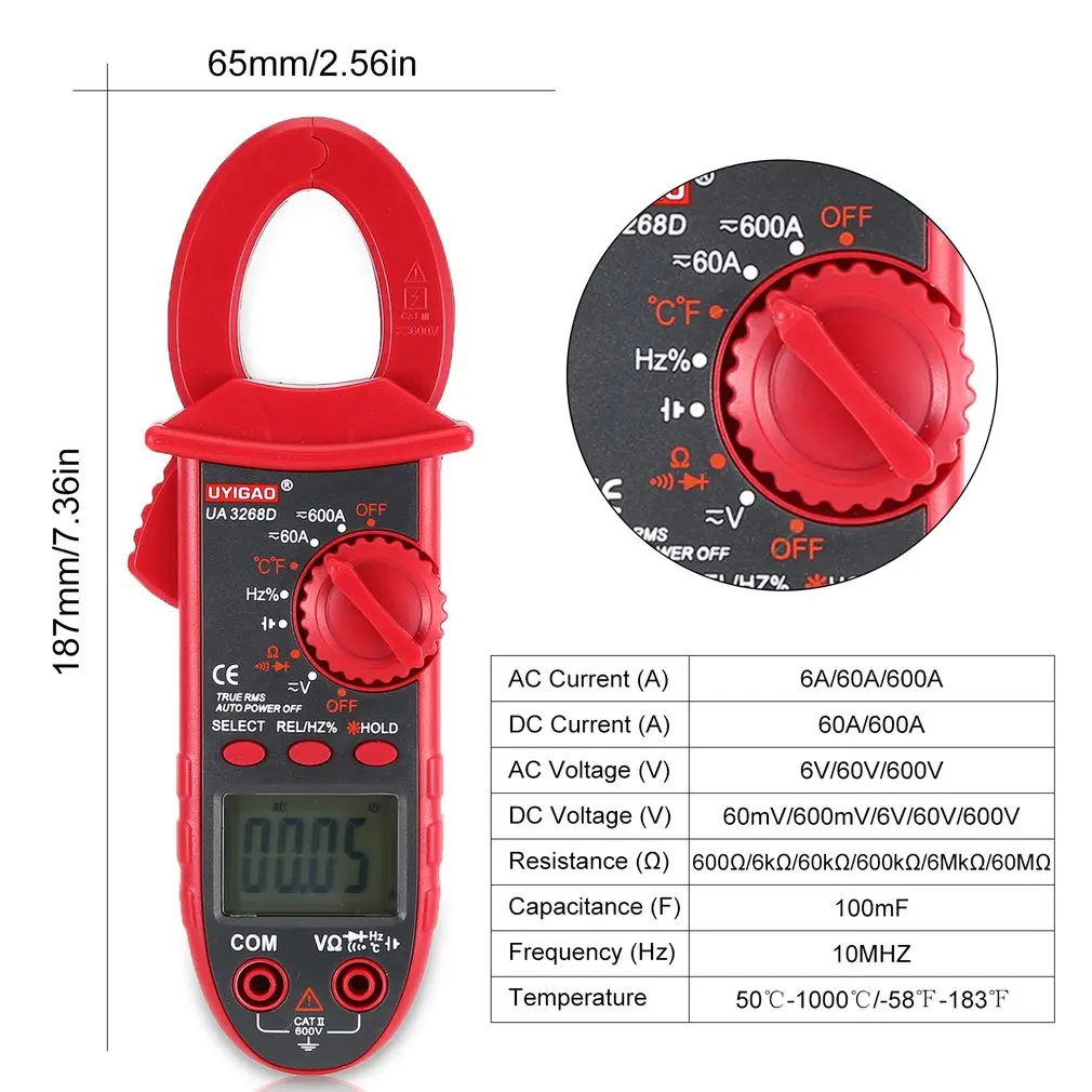 Uyigao цифровой клещи мультиметр Авто Диапазон AC/DC Вольт Ом Сопротивление Диод Непрерывность темп Емкость тестер частоты