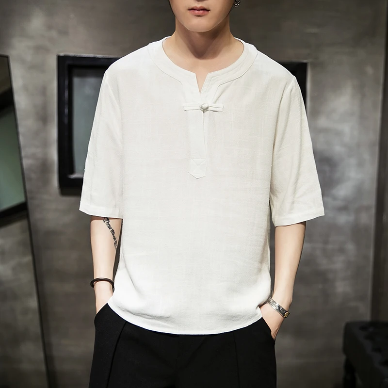 

BONJEAN Chinese style relaxed Henry collar T-shirt fashionable half-sleeve T-shirt in summer of 2019 streetwear camisa masculina
