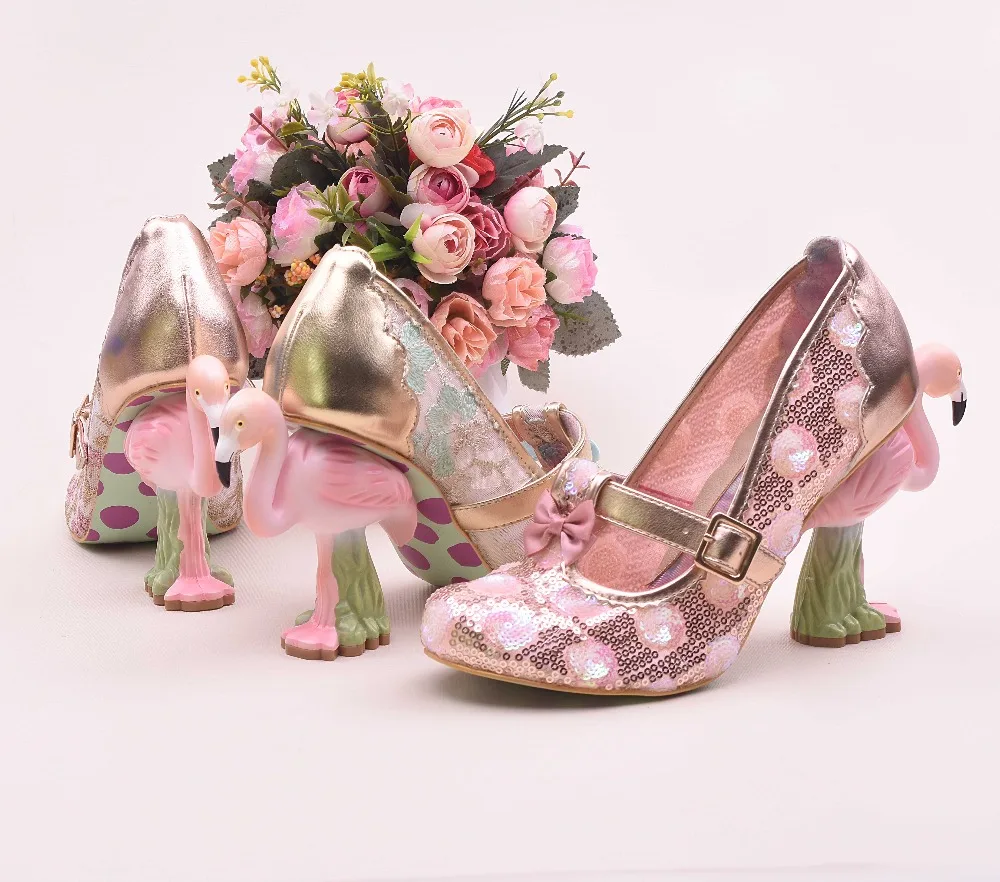 Abesire/Новинка года; стильные женские свадебные туфли с фламинго на высоком каблуке; женские тканевые Туфли с круглым носком и блестками