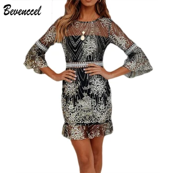 

2019 New Arrival Sexy Women Autumn Dress O Neck Lace Patchwork Elegant Bandage Dress Sequins Evening Party Dress Vestidos