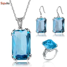 Szjinao наборы свадебных ювелирных изделий серьга с аквамарином/кулон/кольцо для невест аксессуары Настоящее 925 пробы Серебряный подарок для женщин