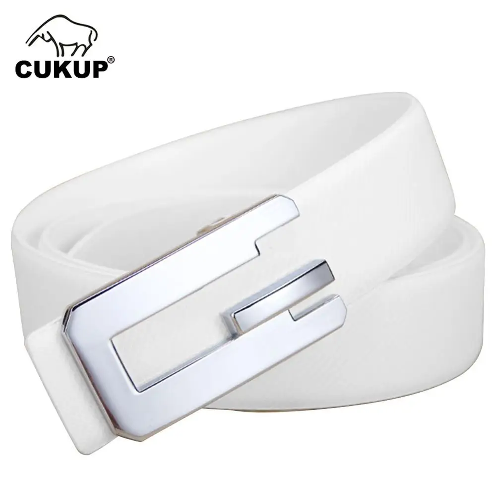 CUKUP Brand Name Design Quality White Cowskin Cowhide Men Male Sliver Smooth Buckle Metal Men's 3.3cm Width Belt for Men LUCK765