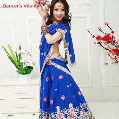 Женские костюмы для соревнований по танцу живота, восточные костюмы с вышивкой для танца живота, индийский танцевальный костюм для выступлений/тренировок - Цвет: Синий