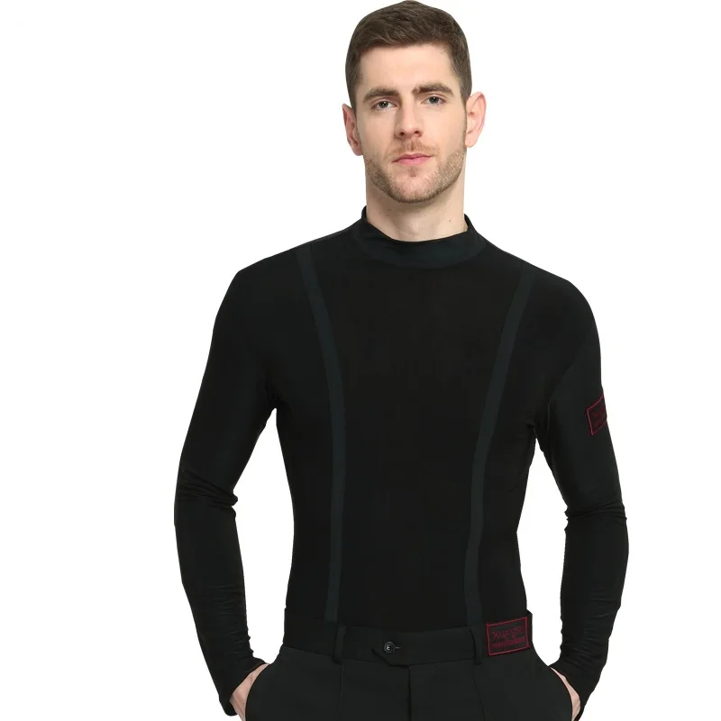 

Latin Dance Shirt Men Black Fabric Tops Male Adult Professional Clothes Salsa Square Rumba Ballroom Galop Wear B-6822