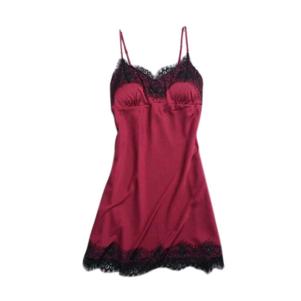 Женская ночная рубашка цельный сплошной цвет Слинг Кружева Хем ночная рубашка-MX8 - Цвет: wine red