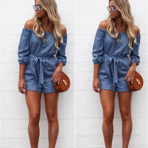 

Women Clubwear Long Romper Jeans Off Slash Shoulder Sexy Pants Women Denim Jumpsuit Trousers Off Shouder