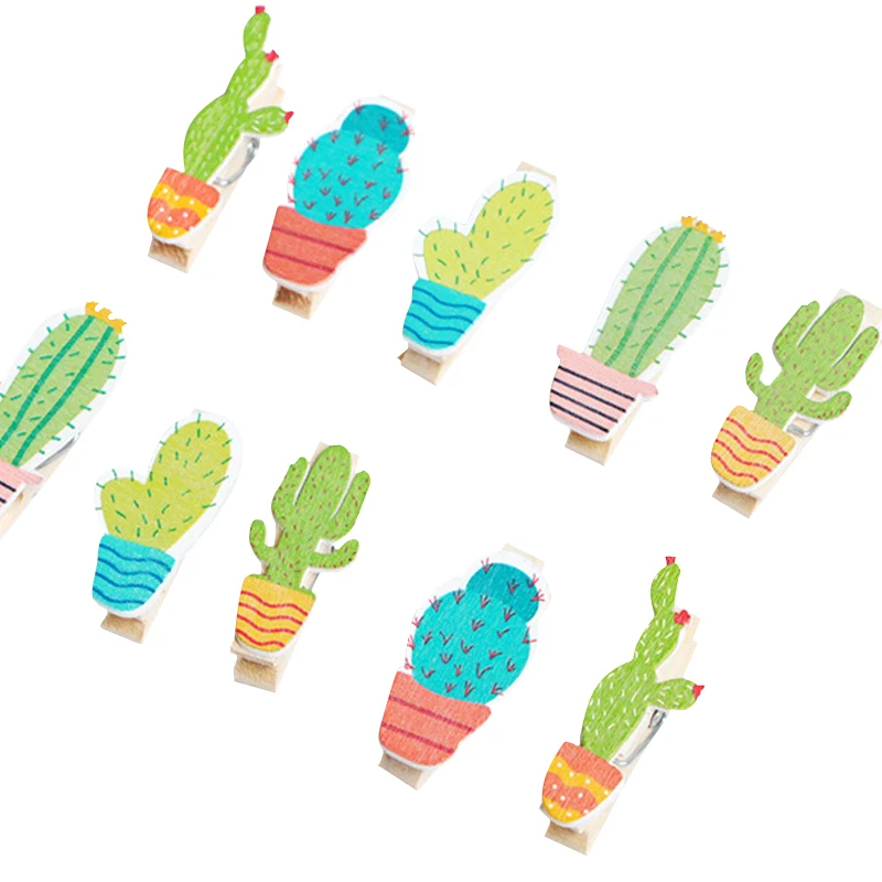 

10pcs/lot cute Cartoon cactus wooden multifunction clip with rope decoration clip for party photo clips