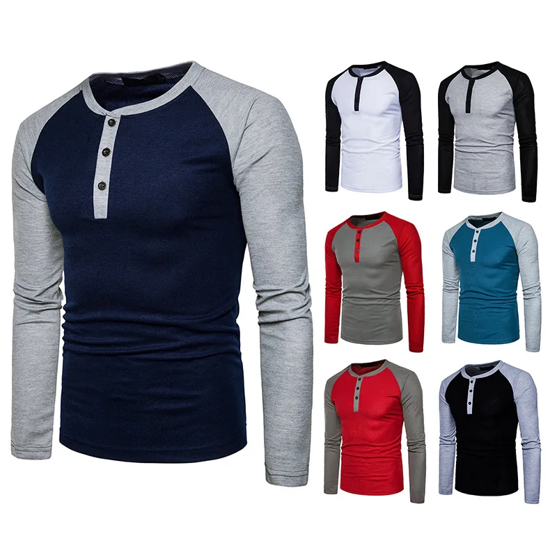 

New Fashion Men's Round Collar Color Matching Long Sleeve Cotton Fitness Large Size High Elasticity Pullover T-Shirt Undershirt