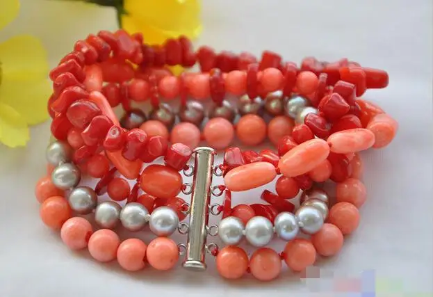 

1633 5row ROUND baroque red pink coral gray pearl bracelet
