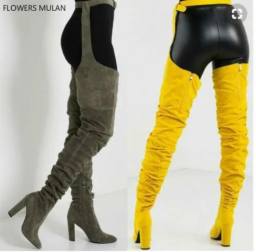 

New Designers Luxury Grey Yellow Rose Red Suede Thigh High Waist Buckle Lady Botas Pointed Toe Back Zip Pants Boots Shoes Woman