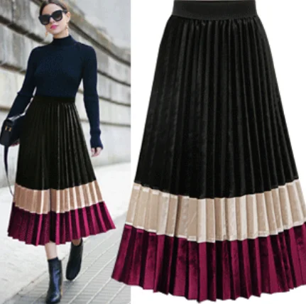 Женская Красивая длинная юбка 2019 эластичная талия высокая мода цвет контрастные лоскутные плиссированные юбки Прессованные