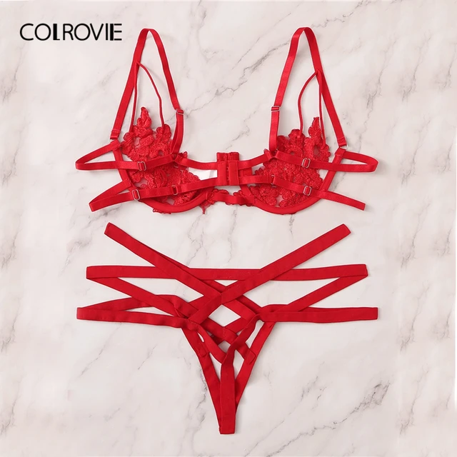 COLROVIE Red Floral Lace Cut Out Sexy Lingerie Set Women Intimates 2019 Underwire See Through Bra And Thongs Underwear Set 2