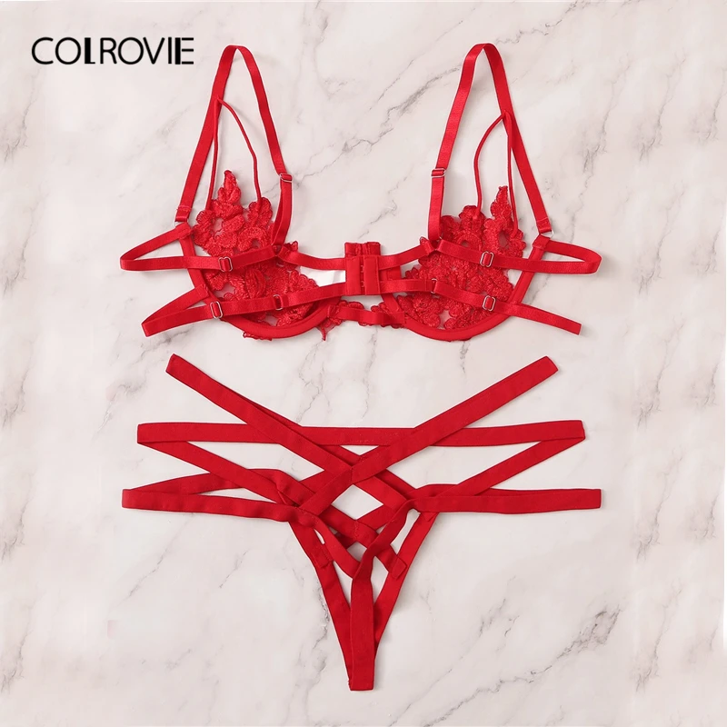 Koop COLROVIE Rode Bloemen Kant Uitsnede Sexy Lingerie Set Vrouwen Intimates 2019 Beugel See Through Bh En Thongs Ondergoed Set