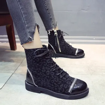 

Vogue Women Boots Nice Leopard Print Ankle Boots For Women Lace Up Winter Female Casual Shoes Low Heel Bottes Femme